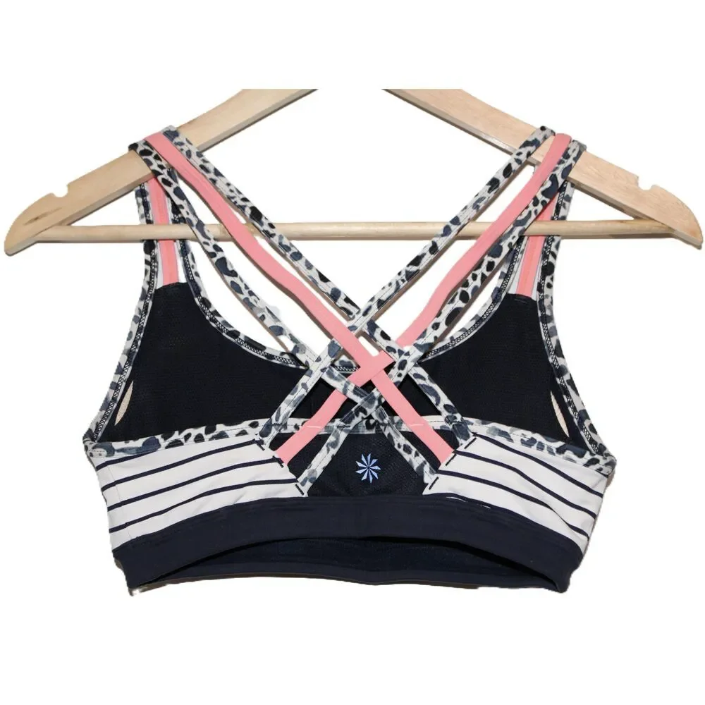 Womens Athleta White Navy Blue Pink Leopard Print Strappy Back Sports Bra Sz XS